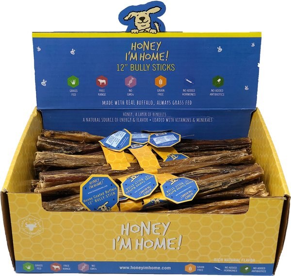 Honey I'm Home! 12-in Bully Sticks Natural Honey Coated Buffalo Chews Grain-Free Dog Treats - Intensery