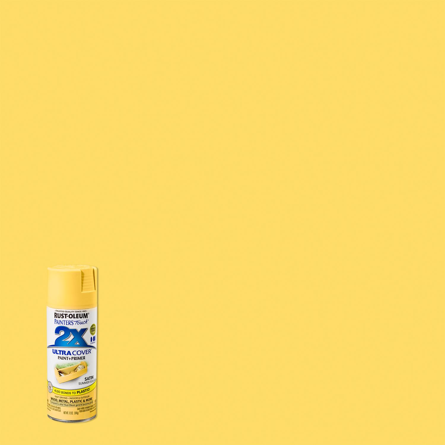 Rust-Oleum Painter\u0027s Touch 2X Ultra Cover Satin Summer Squash Paint+Primer Spray Paint 12 oz - Intensery