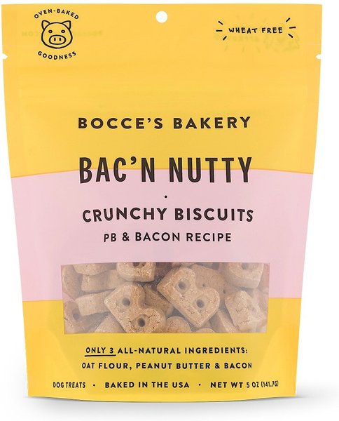 Bocce's Bakery Everyday Bac'N Nutty Biscuits Crunchy Dog Treats， 5-oz bag - Intensery