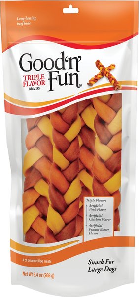 Good 'n' Fun Triple Flavor 9-in Braid Dog Treats， 4 count - Intensery