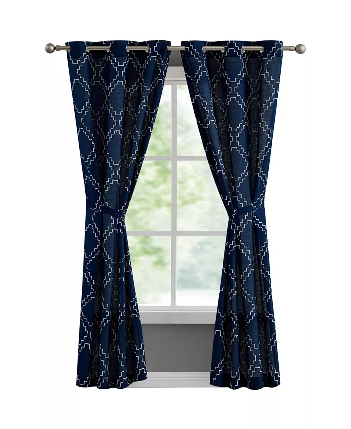 French Connection Somerset Embroidered Light Filtering Grommet Window Curtain Panel Pair with Tiebacks Collection - Intensery