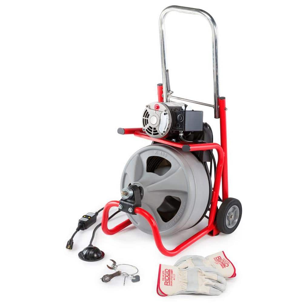 RIDGID K-400 Drain Cleaning Snake Auger 120-Volt Drum Machine with C-32IW 3/8 in. x 75 ft. Cable + 4-Piece Tool Set & Gloves 52363 - Intensery