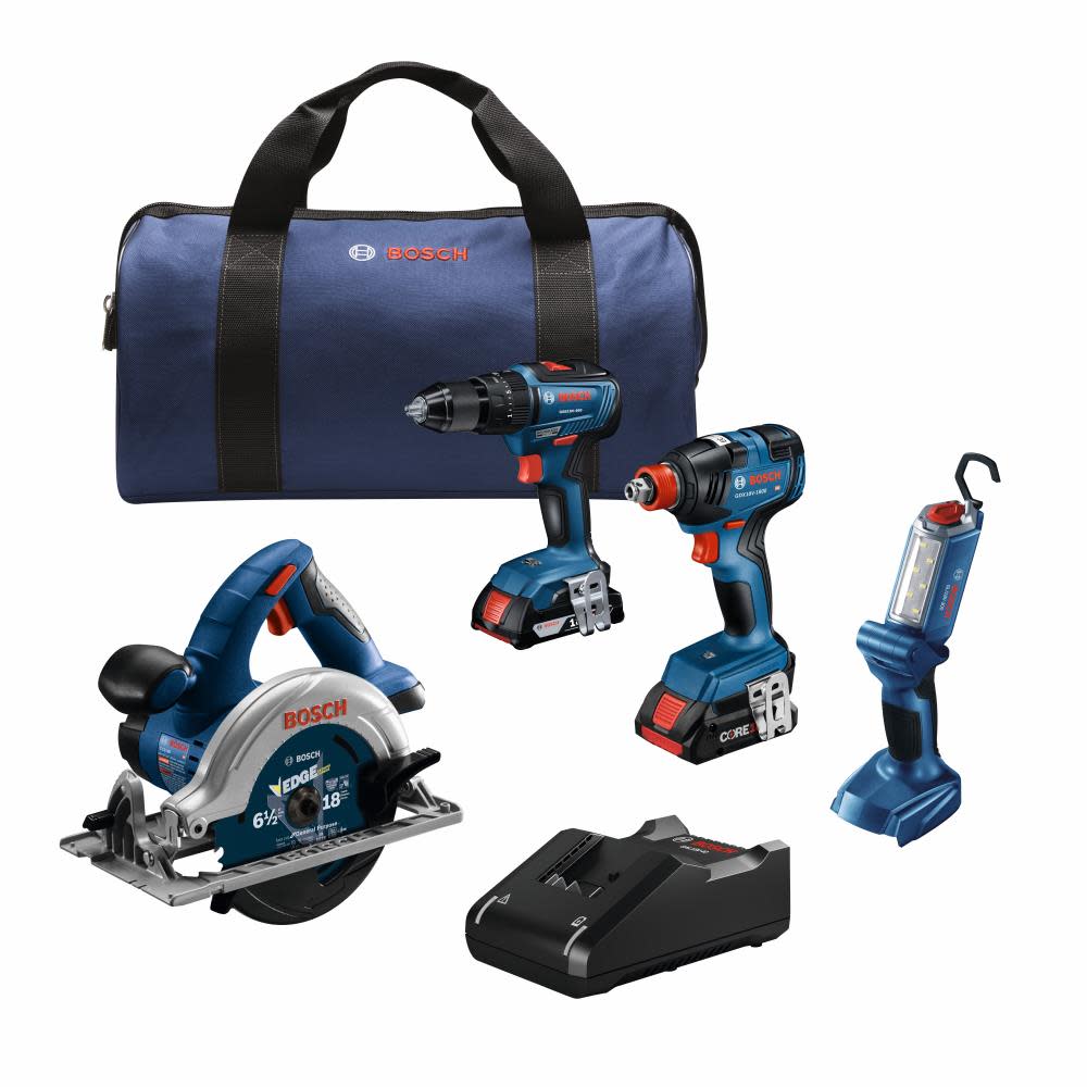 Bosch 18V 4 Tool Combo Kit with 1/4 and 1/2 Two In One Bit/Socket Impact Driver 1/2 Hammer Drill/Driver Circular Saw and LED Worklight with 1 CORE18V - Intensery