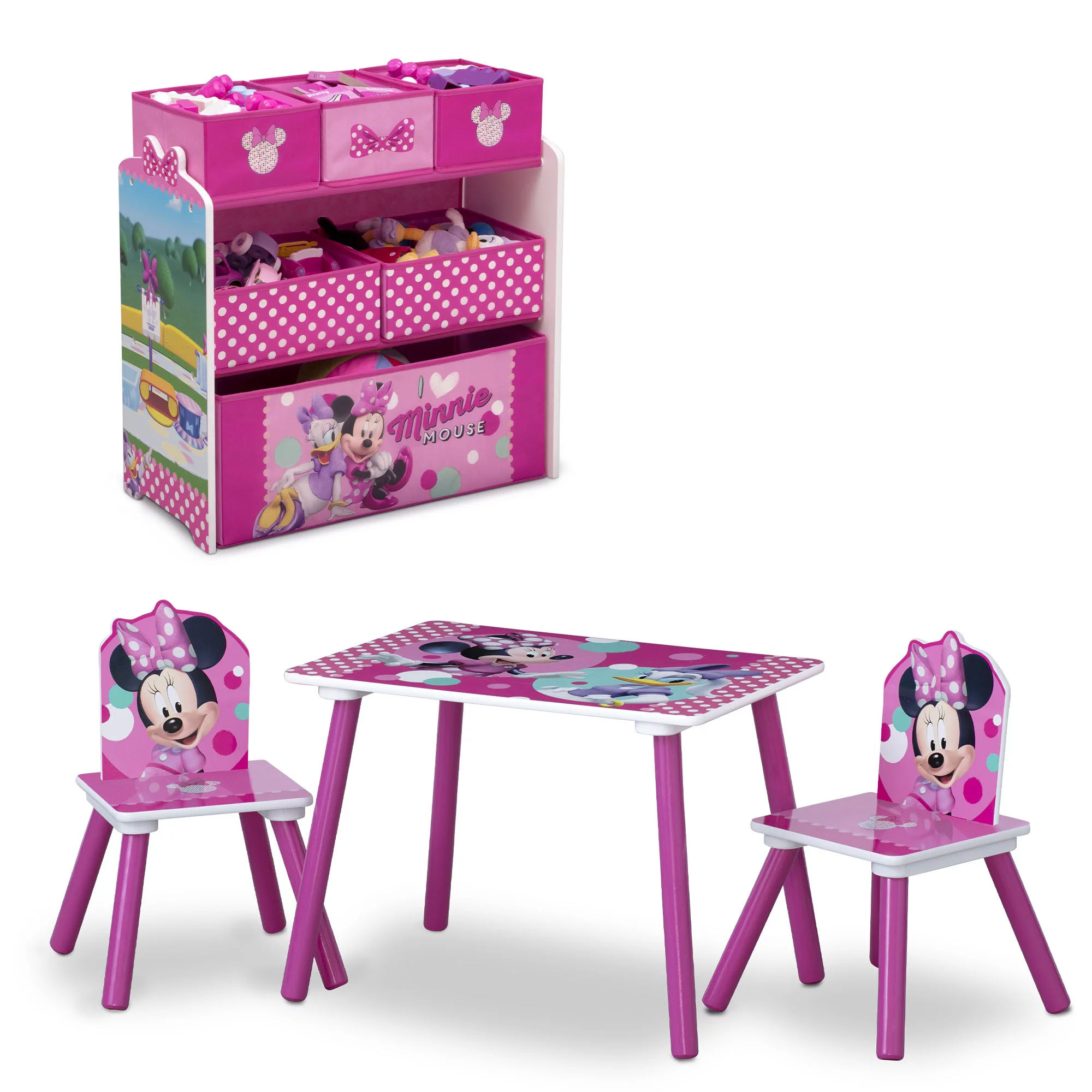 Delta Children Disney Minnie Mouse 4-Piece Playroom Solution， Table and 2 Chairs and 6-Bin Toy Organizer - Intensery