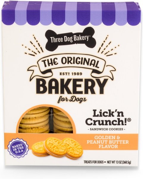 Three Dog Bakery Lick'n Crunch Sandwich Cookies Golden and Natural Peanut Butter Flavor Dog Treats - Intensery