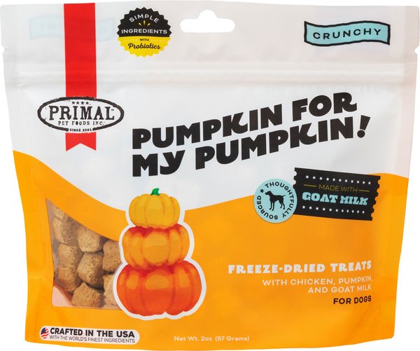 Primal Pumpkin For My Pumpkin Chicken and Pumpkin with Goat Milk Flavored Crunchy Dog Treats， 2-oz bag - Intensery