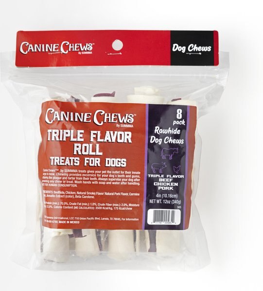 Canine Chews 4-inch Triple Roll Chicken， Beef， and Pork Flavored Rawhide Dog Chews， 8 count - Intensery