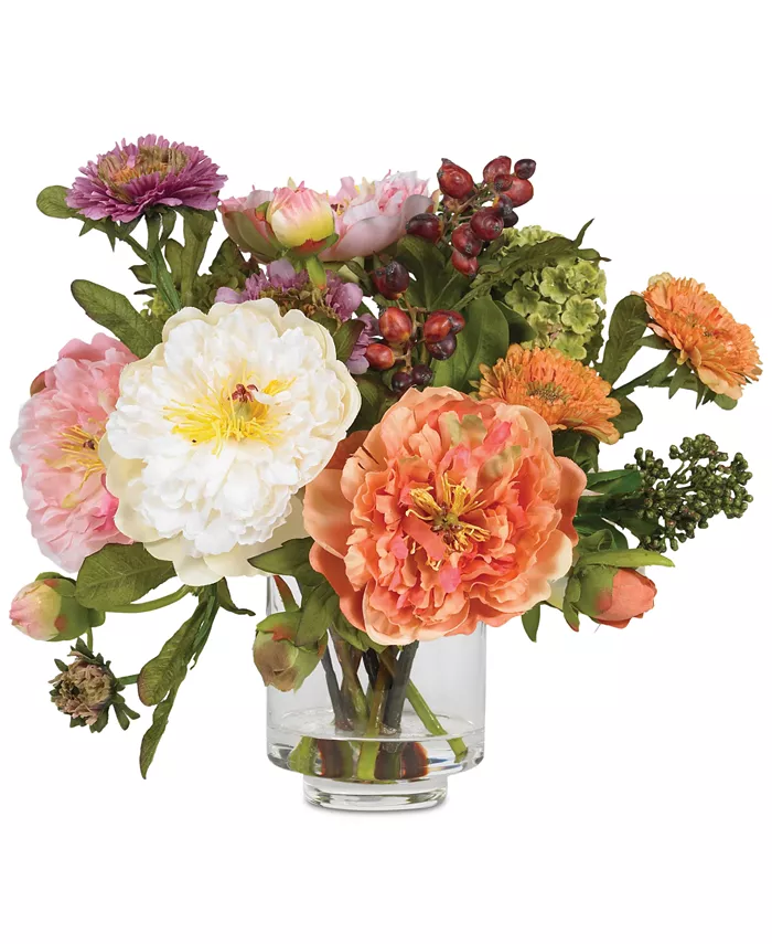 Nearly Natural Artificial Peony Arrangement with Glass Vase - Intensery