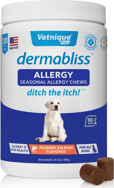 Vetnique Labs Dermabliss Allergy and Immune Salmon Flavored Seasonal Allergy and Fish Oil Soft Chew Supplement for Dogs - Intensery
