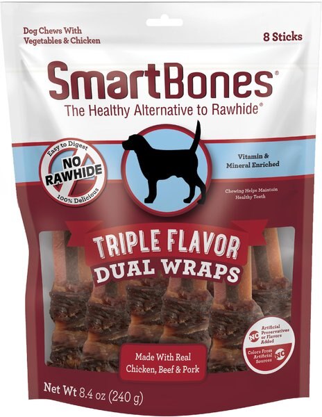 SmartBones Triple Flavor Dual Wraps Real Chicken， Beef and Pork Dog Treats， 8 count - Intensery
