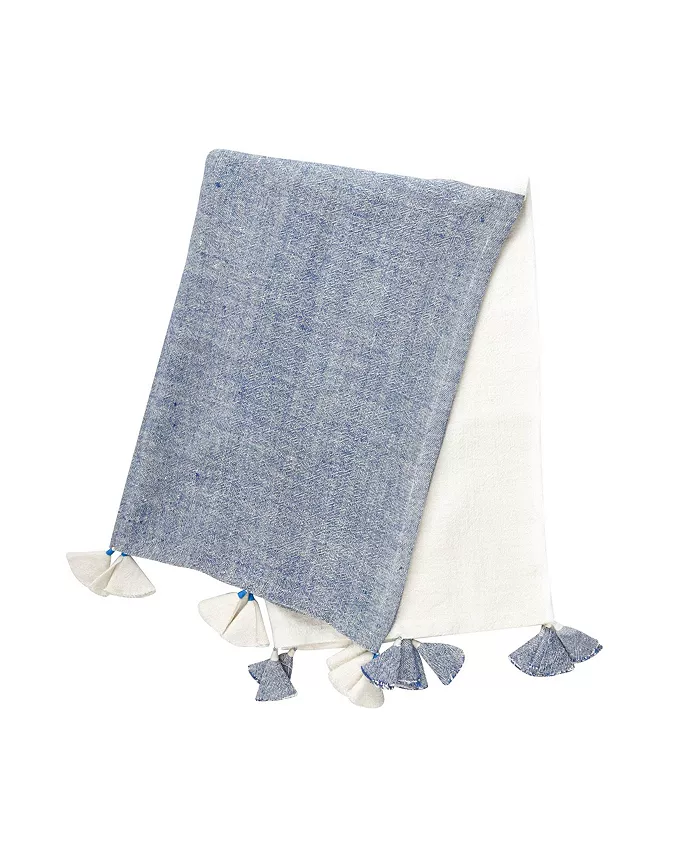 Anaya Home Chambray Colorblocked Linen Blanket With Tassels - Intensery