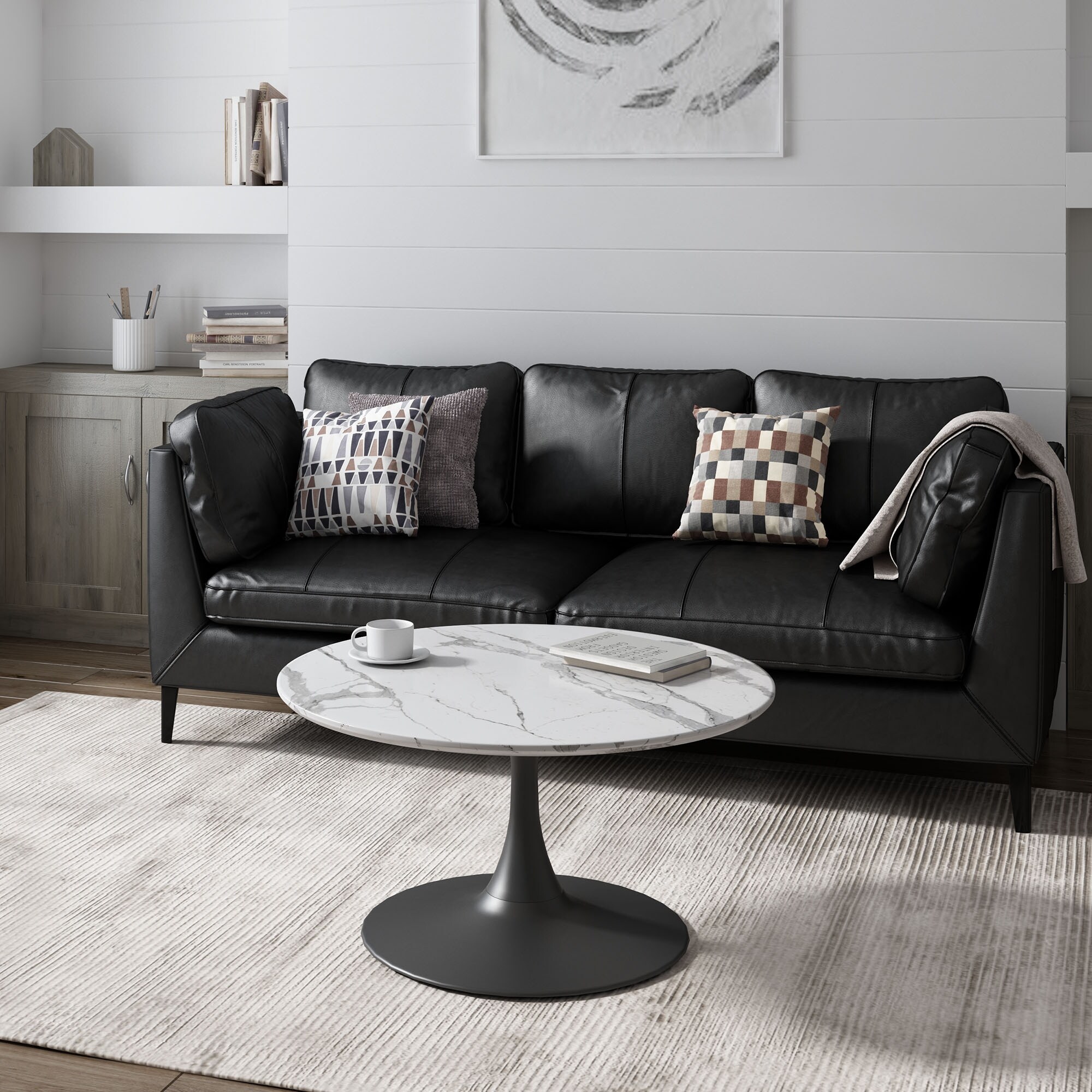 Kurv Café Lux 31.5 in. Tulip Coffee Table， White Faux Marble/Black - Intensery