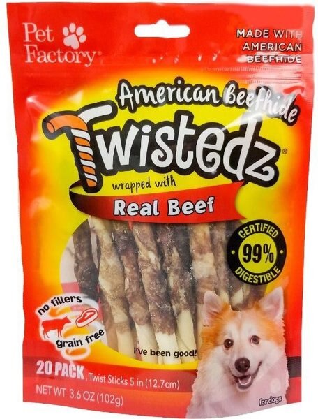 Pet Factory Twistedz 5-inch Beefhide Beef Flavored Twist Sticks Dog Hard Chews， 20 count - Intensery