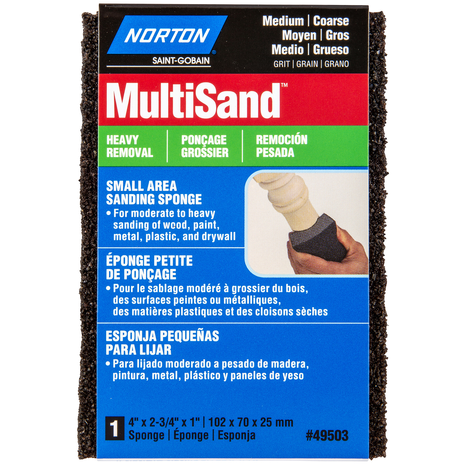 Norton MultiSand 4 in. L X 2.75 in. W X 1 in. 60/80 Grit Coarse/Medium Small Area Sanding Sponge - Intensery