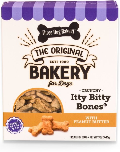 Three Dog Bakery Itty Bitty Bones With Peanut Butter Dog Treats， 13-oz box - Intensery