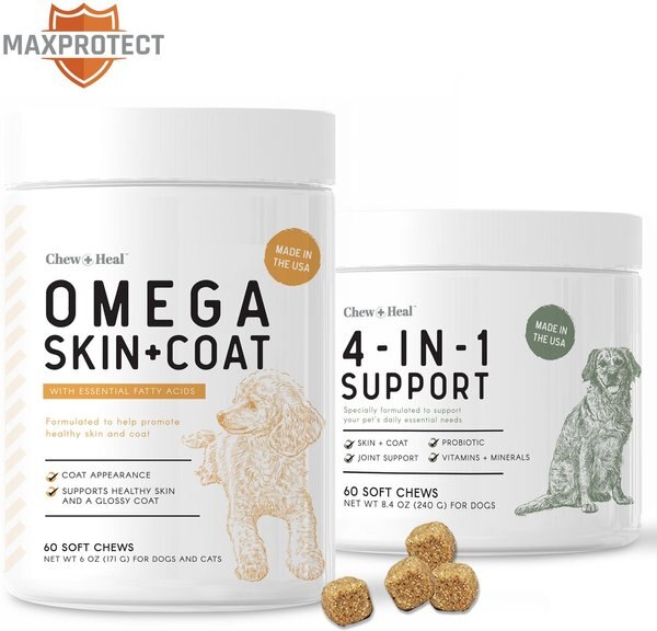 Chew + Heal 4-IN-1 Support Chews Dog Vitamin Supplement and Chew + Heal Omega Skin + Coat Chews Dog Vitamin Supplement， 120 count - Intensery