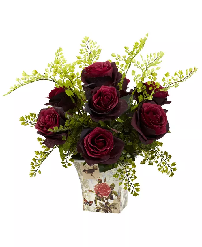 Nearly Natural Rose and Maiden Hair w Floral Planter - Intensery