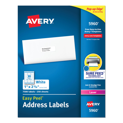 Avery Easy Peel White Address Labels w/ Sure Feed Technology， Laser Printers， 1 x 2.63， White， 30/Sheet， 250 Sheets/Pack (5960) - Intensery