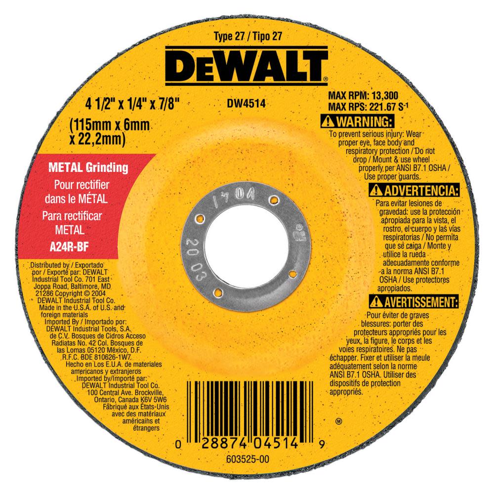 DEWALT 4-1/2 In. x 1/4 In. x 7/8 In. High Performance Metal Grinding Wheel (5 Pack) DW4514B5 from DEWALT - Intensery