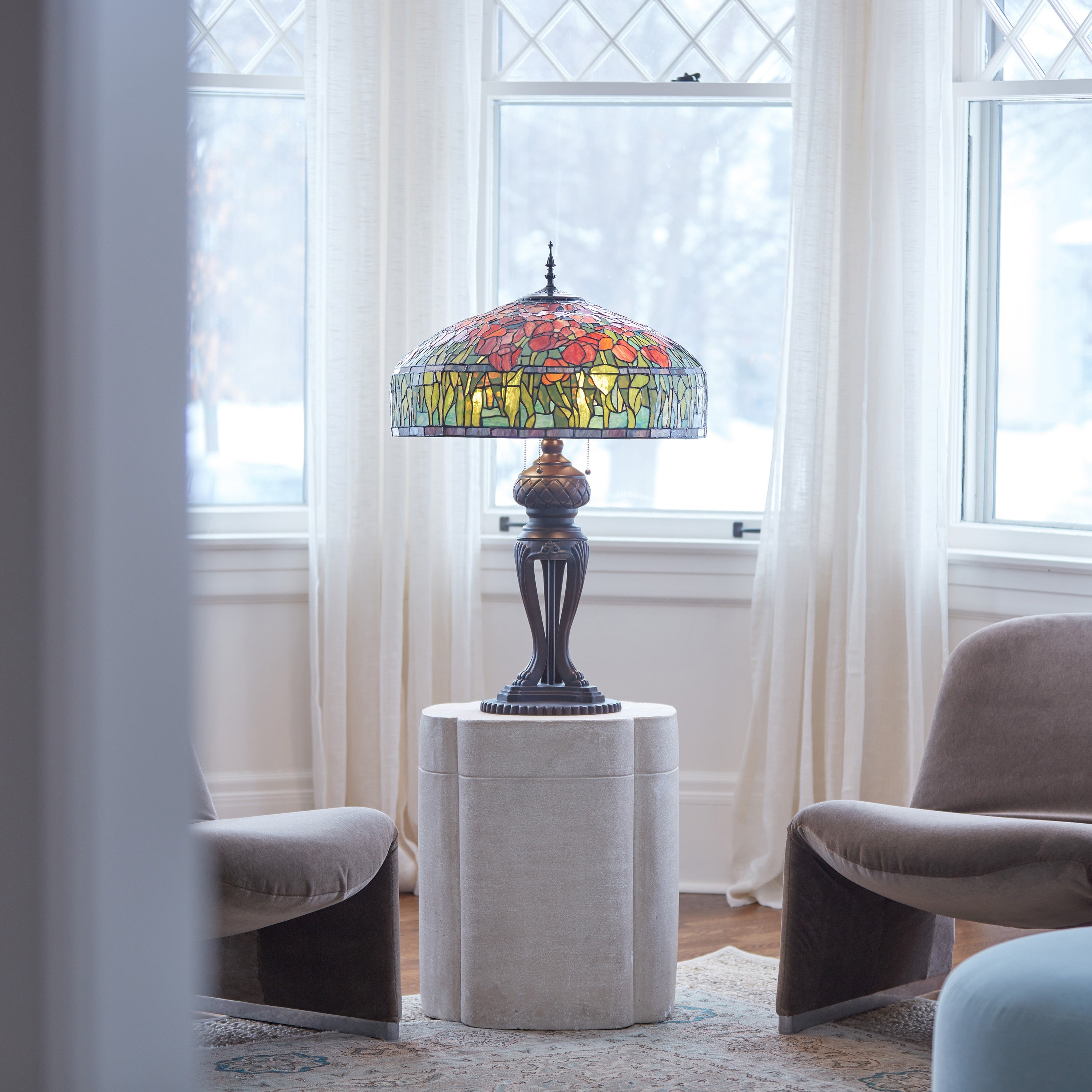 Tulip River of Goods Tiffany-Inspired Red and Green Stained Glass 33.25-Inch Table Lamp - 22
