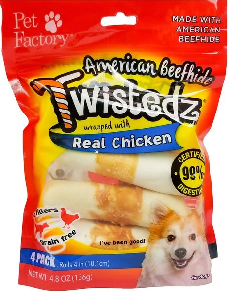 Pet Factory Twistedz 4-inch Beefhide Rolls Chicken Flavored Wrap Dog Hard Chews， 4 count - Intensery