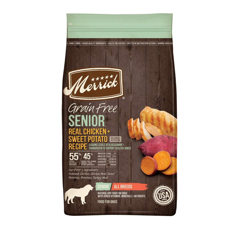 Merrick Senior Dry Dog Food Real Chicken and Sweet Potato Grain Free Dog Food Recipe - 4 lb Bag - Intensery