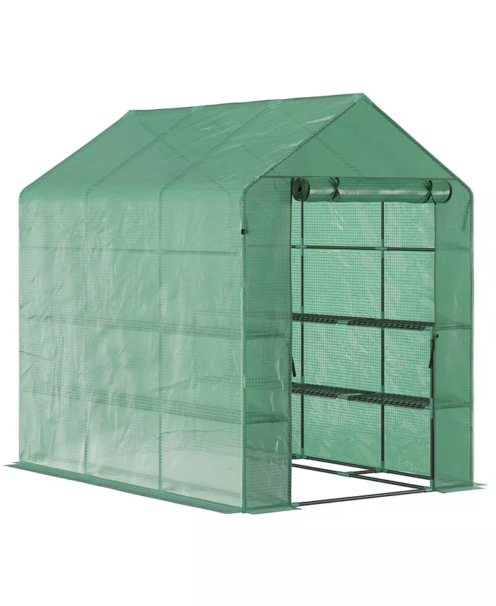 Outsunny 7' x 5' x 6' Outdoor Walk In Greenhouse， PE Cover， Shelves， Door Green - Intensery