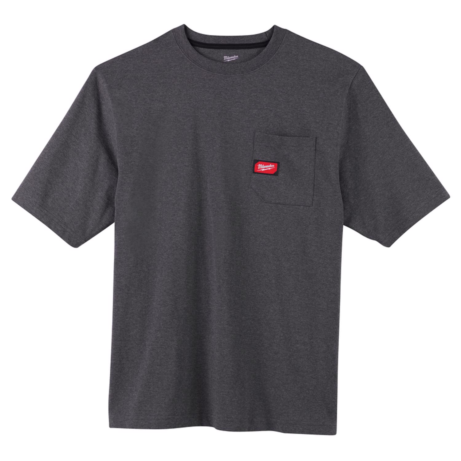 Milwaukee L Short Sleeve Men\u0027s Round Neck Gray Heavy Duty Pocket Tee Shirt - Intensery