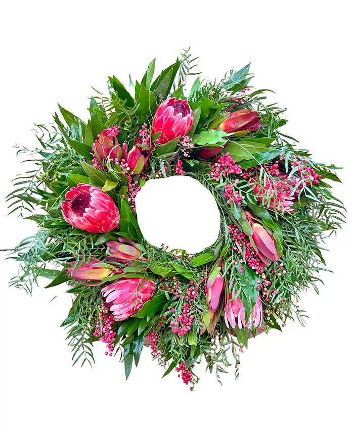 GreenishBlu Fresh Real Bayleaf， Pepperberry and Pink Ice Proteas Spring Wreath - Intensery