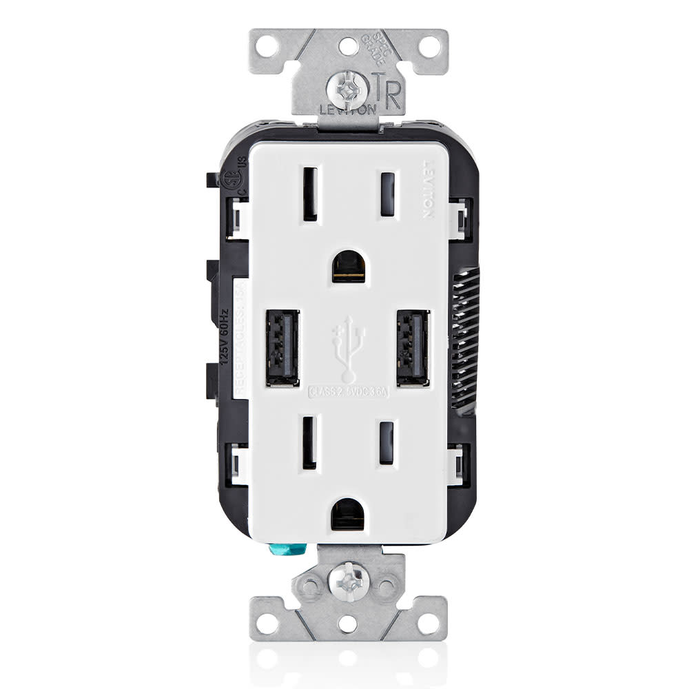 Leviton Receptacle/Outlet and 3.6A USB Charger 15A 125V White - Intensery