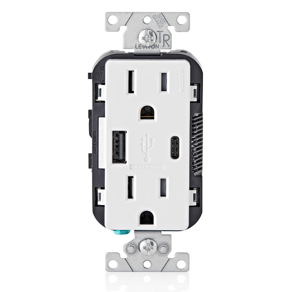 Leviton Outlet with USB Type A/C Charger 15A 125V 5-15R White - Intensery