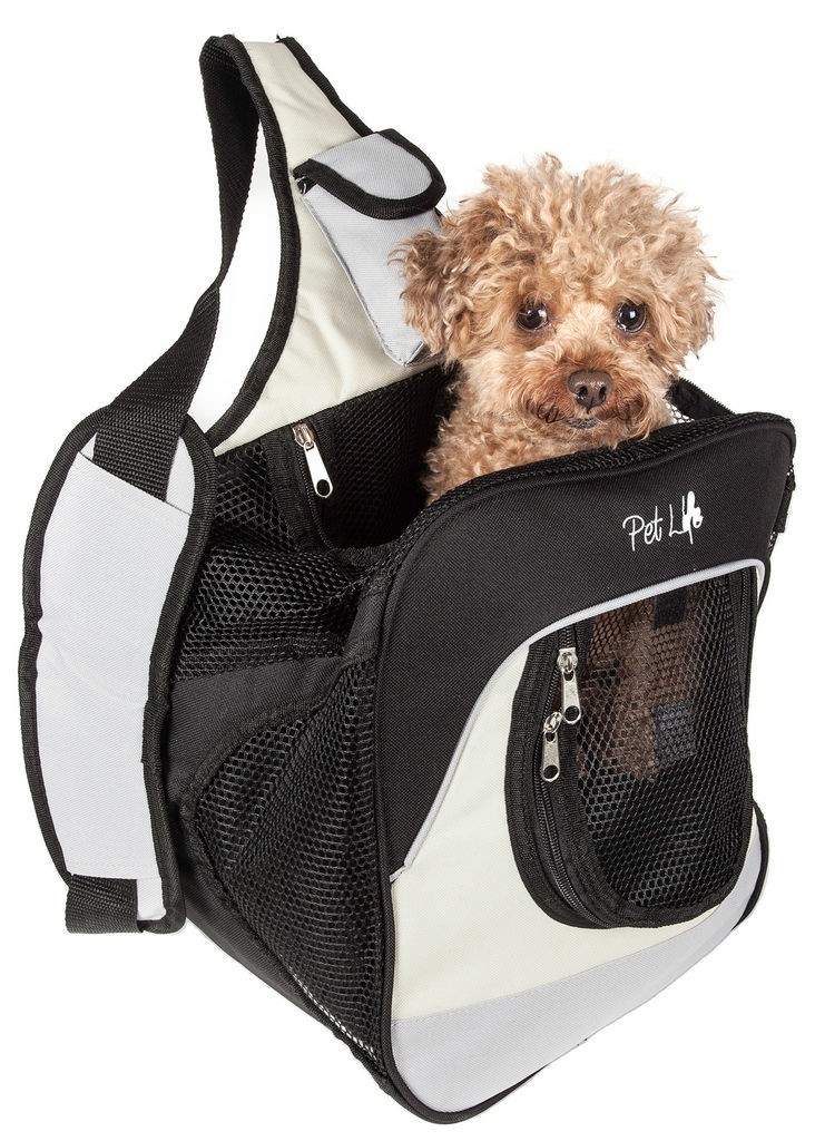 Pet Life Single Strap Over-The-Shoulder Navigation Hands Free Backpack and Front pack Pet Carrier in Grey， White， Black (One Size) - Pet Life B35GYMD - Intensery