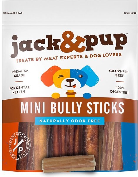 Jack and Pup Mini Bully Sticks Dog Treats， 6-oz bag - Intensery