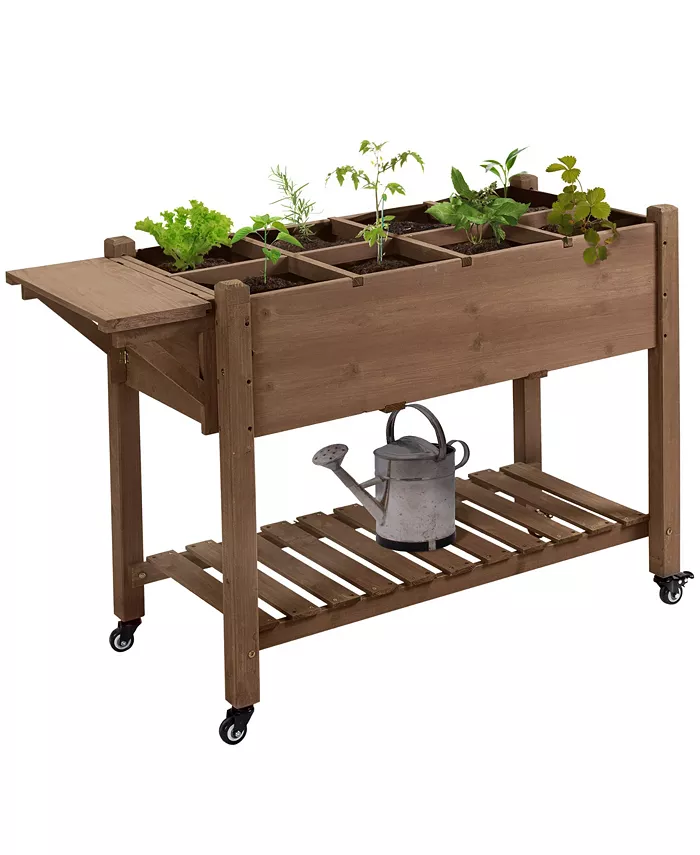 Outsunny Raised Garden Bed Planter w  8 Grow Grids， Shelf Lockable Wheels - Intensery