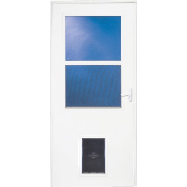Larson Life-Core DuraTech 36 In. W x 81 In. H x 1 In. Thick White Self-Storing Storm Door with Pet Door - Intensery