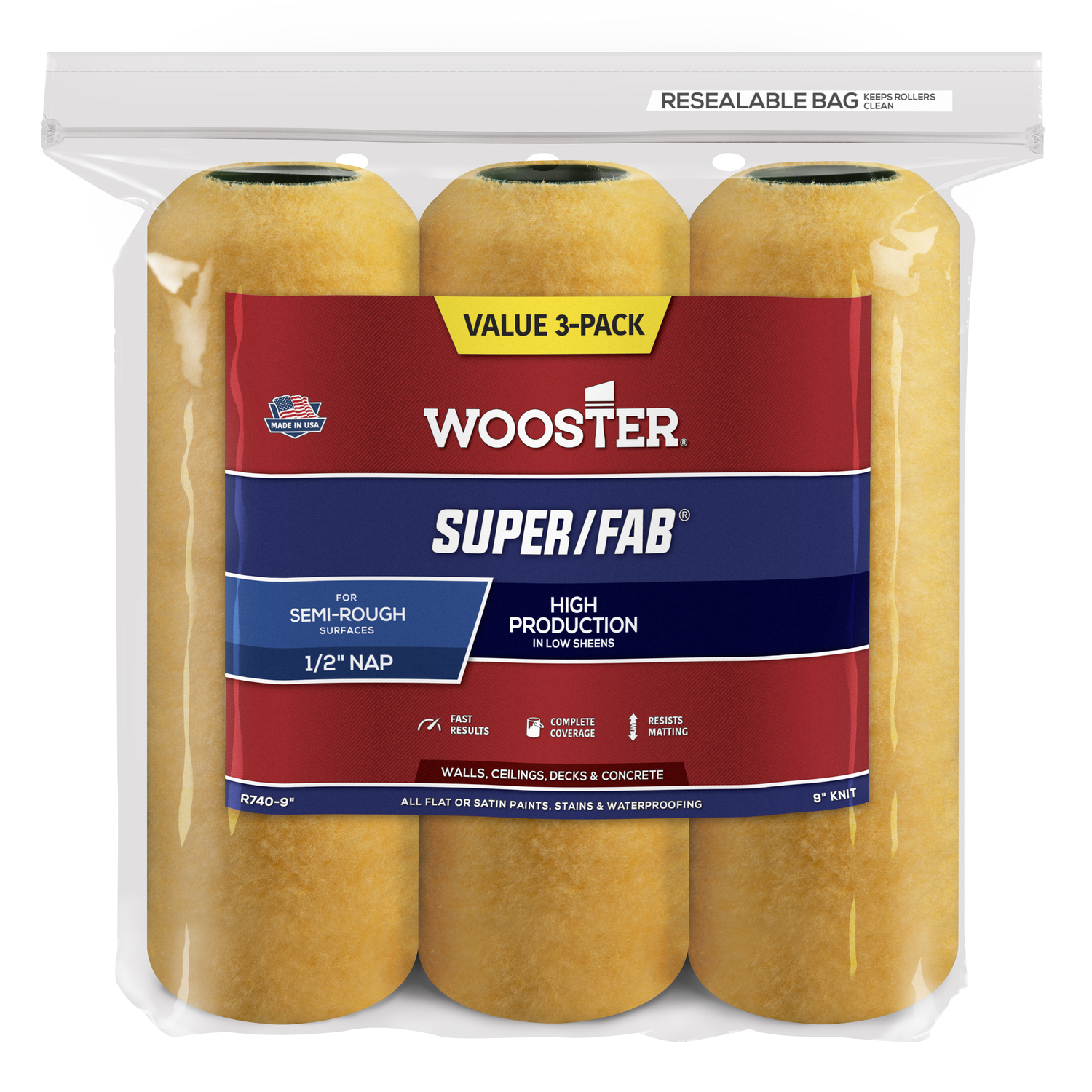 Wooster Super/Fab Fabric 9 in. W X 1/2 in. Paint Roller Cover 3 pk - Intensery