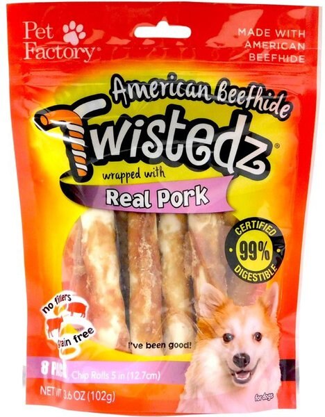 Pet Factory Twistedz 5-inch Beefhide Chip Rolls Pork Flavored Wrap Dog Hard Chews， 8 count - Intensery