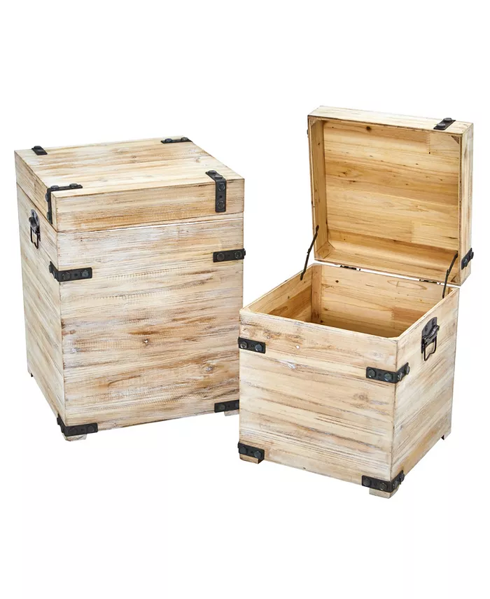 Nearly Natural Decorative White Wash Storage Boxes-Trunks with Metal Detail - Set of 2 - Intensery