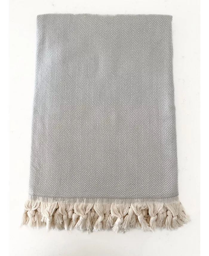 Anaya Home Grey Turkish Cotton Herringbone Throw Blanket with Tassels 55x75 - Intensery