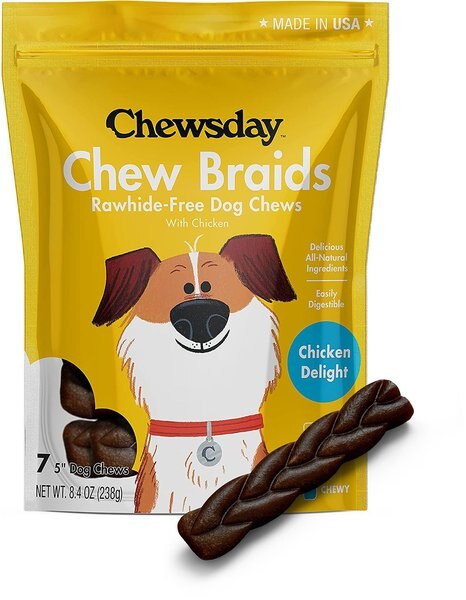 Chewsday Chicken Delight Chew Braids Rawhide-Free Dog Hard Chews， 7 count， Small - Intensery