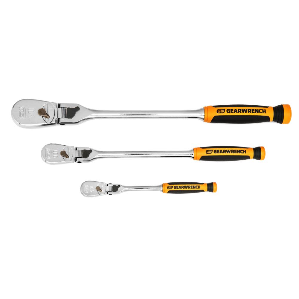 3 Pc 1/4， 3/8 and 1/2 Drive 90 Tooth Dual Material Locking Flex Head Ratchet Set - Intensery