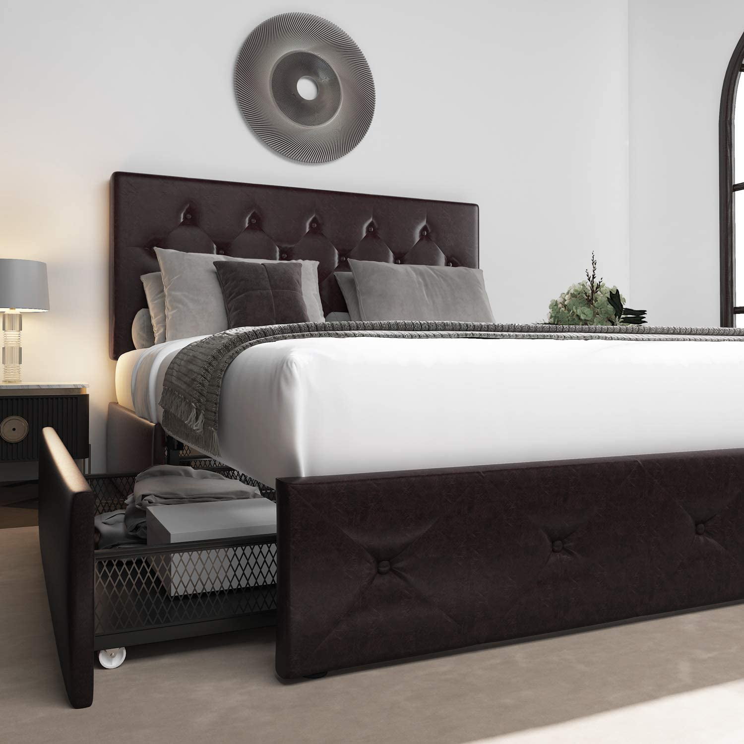 Allewie Black-brown Queen Size Platform Bed Frame with 4 Drawers, Diamond Stitched Button Tufted Faux Leather Upholstered - Intensery