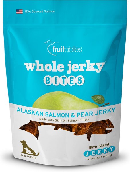 Fruitables Whole Jerky Bites Alaskan Salmon and Pear Dog Treats， 5-oz bag - Intensery