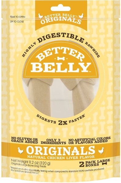 Better Belly Chicken Liver Flavor Rawhide Bone Dog Treats， Large， 2 count - Intensery