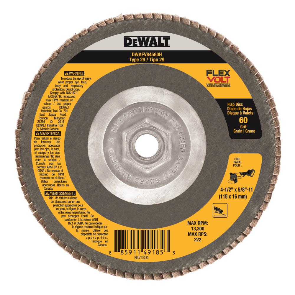 DEWALT FLEXVOLT 4-1/2 In. x 5/8 In. to 11 60 g T29 Flap Disc DWAFV84560H from DEWALT - Intensery