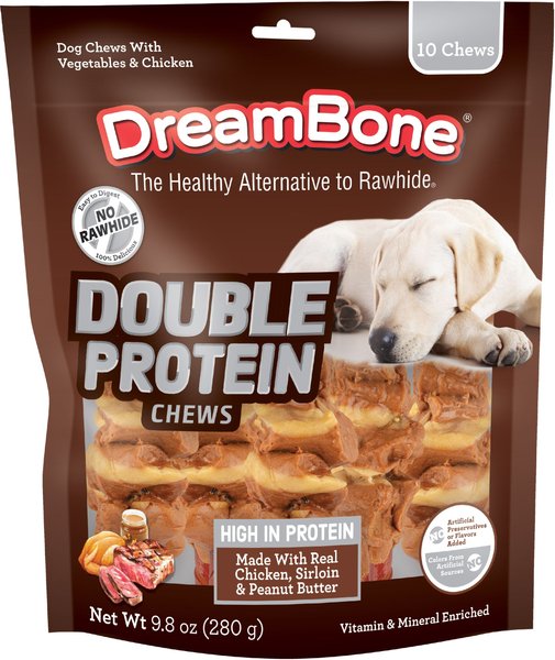 DreamBone Double Protein Chicken， Sirloin and Peanut Butter Dog Rawhide Treat， 9.8-oz bag， 10 count - Intensery