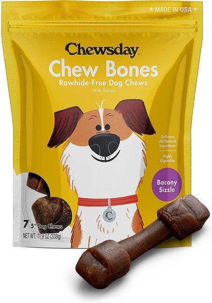 Chewsday Bacony Sizzle Chew Bones Rawhide-Free Dog Hard Chews， 7 count， Small - Intensery