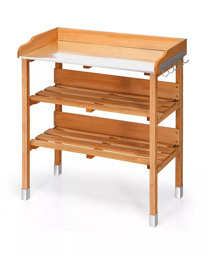 Costway Garden Wooden Potting Bench Work Station Table Tool Storage Shelf W Hook - Intensery