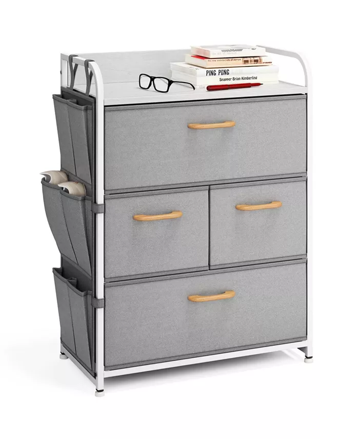 Nestl Heavy Duty Small 4 Drawer Fabric Dresser Organizer for Bedroom， Nursery， Closet with Shoe Rack， Easy to Pull Wood Handles Textured Wood Top - Intensery