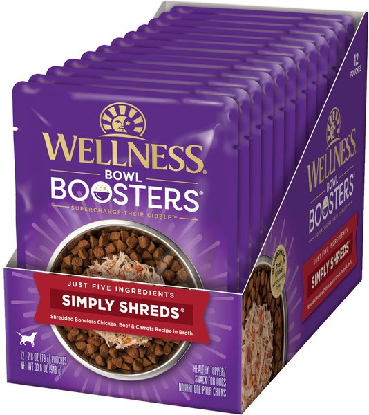 Wellness Bowl Boosters Simply Shreds Chicken， Beef and Carrots Natural Grain Free Wet Dog Food Mixer or Topper， 2.8-oz pouch， case of 12 - Intensery